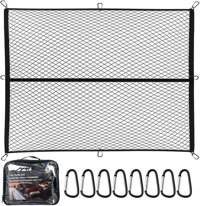 Heavy Duty Cargo Net for Pickup Truck Bed - Stretches from 4' x 4' to 7' x 7' - 8 Metal Carabiners - Compatible with Ford, Dodge RAM, Chevy, Toyota (4'x4' Feet)