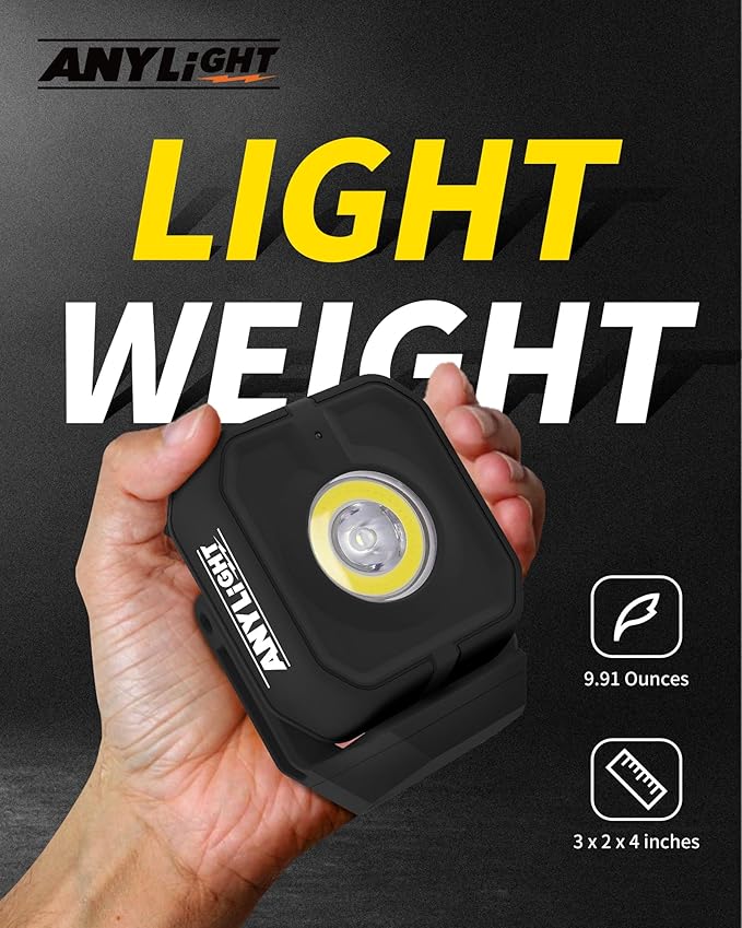 Led Work Light with 4 Modes,1200LM Portable COB Magnetic Light,3350mAh Recharge Spotlight and Floodlight,150° Rotate IP65 Waterproof for Car Repair and Camping, Black (1 Pack Without Hook)
