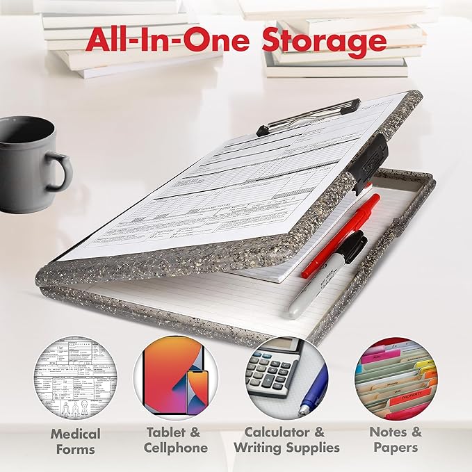 Dexas Slimcase 2 Plastic Clipboard with Storage and Side Opening, Heavy Granite, Office Supplies Clipboards to Organize, Carry and Store, A4 Holder, Nursing Clipboards