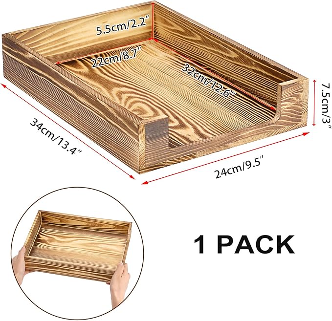 BTSKY 1PC Vintage Wood Letter Tray with Anti-Slip Bars, Stackable A4 Paper Document File Organizer, Solid Wood Desktop Office Desk Storage Holder for Office and Home