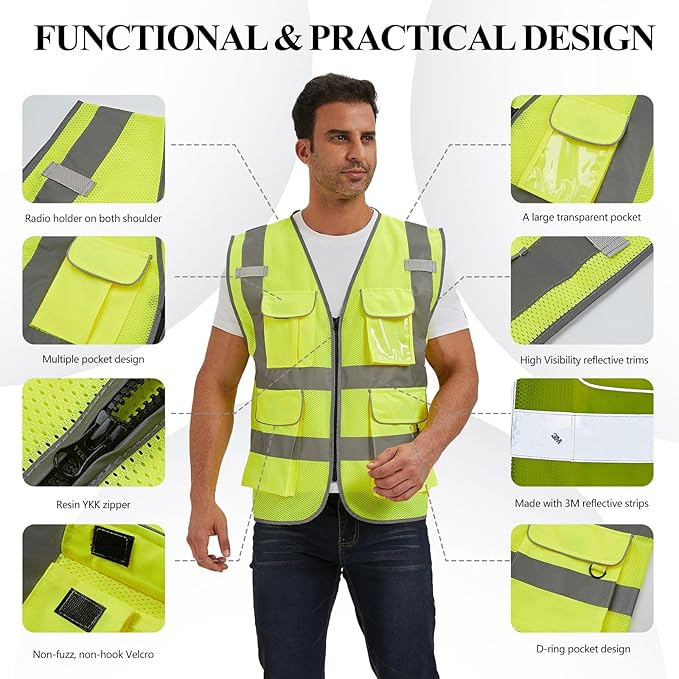 SIFE Reflective Safety Vest High Visibility Vest With 7 Pockets And YKK Zipper, ANSI/ISEA Class 2 Standard, Made With 3M Reflective Tape(03Y-Yellow Mesh,L)