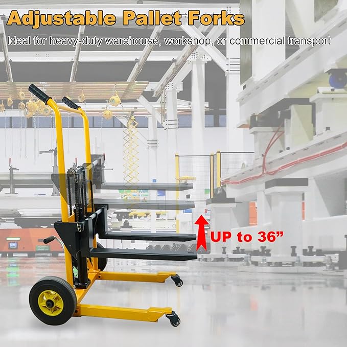 Foldable Hydraulic Lift Dolly, 450LBS 36" Pallet Stacker, 2-in-1 Hand Truck & Flatbed Cart, Adjustable Forks, 10" Rubber Wheels, Foot Pump, for Warehouse Garage Workshop