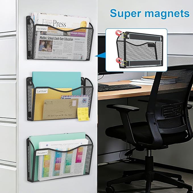 Magnetic Wall File Holder 3-Pack - Mesh Organizer with Strong Magnets for Office, Home & School - Space Saving Black Document Organizer