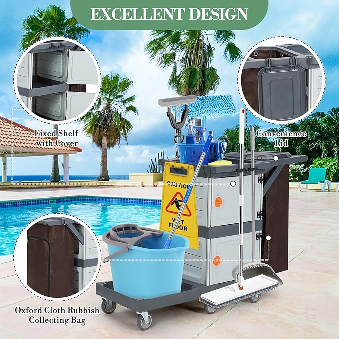 Janitorial Cart with 2 Cabinet, Commercial Cleaning Cart On Wheels with Cover, Shelves, and Oxford Bag, Housekeeping Cleaning Caddy Service Carts for School Hotel Apartment