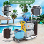 Janitorial Cart with 2 Cabinet, Commercial Cleaning Cart On Wheels with Cover, Shelves, and Oxford Bag, Housekeeping Cleaning Caddy Service Carts for School Hotel Apartment