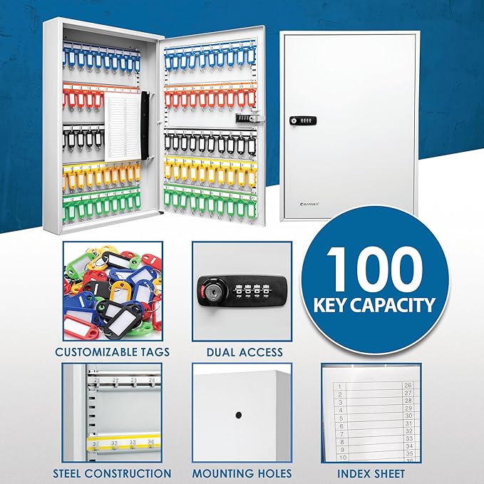 Barska 100 Position Combination Key Lock Box – Wall Mount Steel Key Cabinet with Adjustable Numbered Hooks, Index Log, Colored Tags for Office or Business