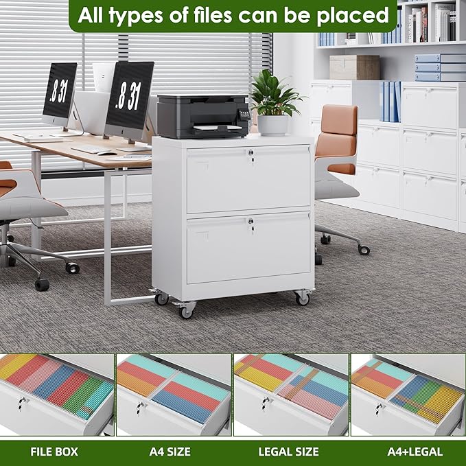 Aobabo 2 Drawer Lateral File Cabinet with Wheels, Lockable Metal Filing Cabinet for Home Office, Legal/Letter Size,White,Required Assembled,15.87" D x 28.94" W x 34" H