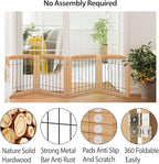 LZRS 4-Panel Extra-Wide Wooden Freestanding Dog Gate: Foldable Solid Wood and Steel Wire Chew Resistant Safety Barrier for Doorways, Stairs, and Large Open Spaces Indoor Use, Natural