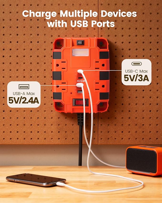 SURAIELEC Magnetic Power Strip with 1080J Surge Protection, 4 AC Outlets, 2 USB-A & 2 USB-C Ports, Heavy-Duty 6 Ft Extension Cord with Dual Magnets & 4 Mounting Holes, ETL Listed