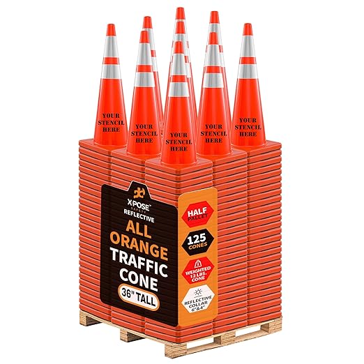 Xpose Safety 36 Inch Orange Traffic Cones Heavy Duty 12lb with 6" & 4" Collars - Bulk Half Pallet 125 Pack - Multipurpose PVC Plastic Safety Cone for Parking, Caution & Construction - DOT Approved