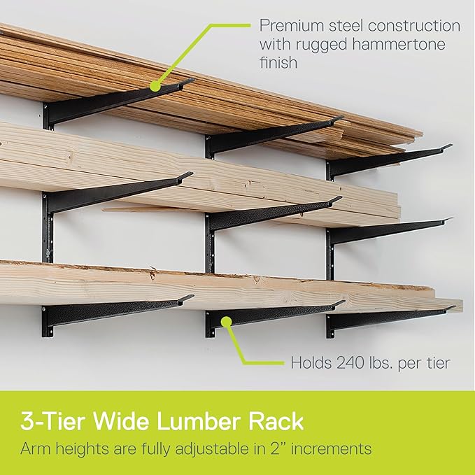 Heavy Duty Lumber Storage Rack by Delta Cycle, Holds Up To 720 lbs - 3-Tier Wide Wood Storage Rack With Fully Adjustable Arms - Steel Construction Storage Solution For Garage, Basement & Pantry