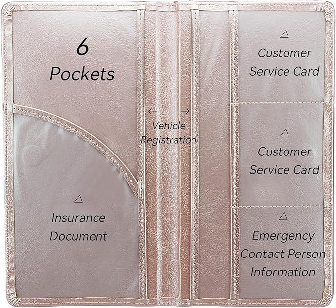 Car Registration and Insurance Holder, Premium Pu Leather Vehicle Glove Box Organizer - for Driver License, Cards & Essential Documents (L-Rose Gold)