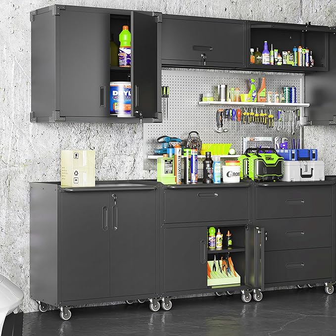 Metal Garage Storage Cabinet on Wheels, Lockable Rolling Tool Cabinet with Doors and Shelves, Heavy Duty Mobile Steel Cabinet for Garage Warehouse Workshop
