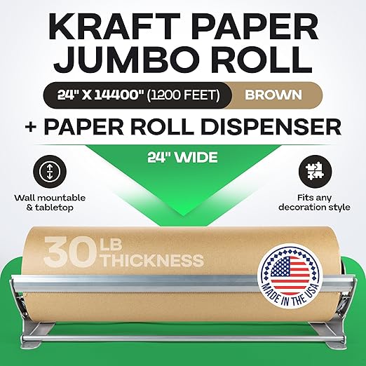 Brown Kraft Paper Jumbo Roll 24" x 14400" (1200 ft) with Dispenser – USA-Made Natural Kraft Paper 30lb Thickness for Packing, Wrapping, Void Filling, Kids' Arts, DIY & School Projects by IDL Packaging