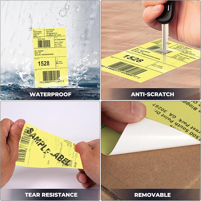 Yellow Thermal Labels 3 × 5 Inch Vinyl Self-Adhesive Fanfold Direct Shipping Stickers Waterproof Perforated Printer Decal for Office Warehouse Barcode 300 PCS