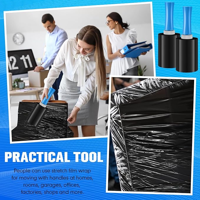 Jutom 16 Pcs Stretch Wrap Roll Plastic Wrap for Moving with 2 Handles 5 x 1000 ft Packaging Shrink Film Self Adhering Shipping Supplies for Moving Furniture Pallet(Black, Blue)