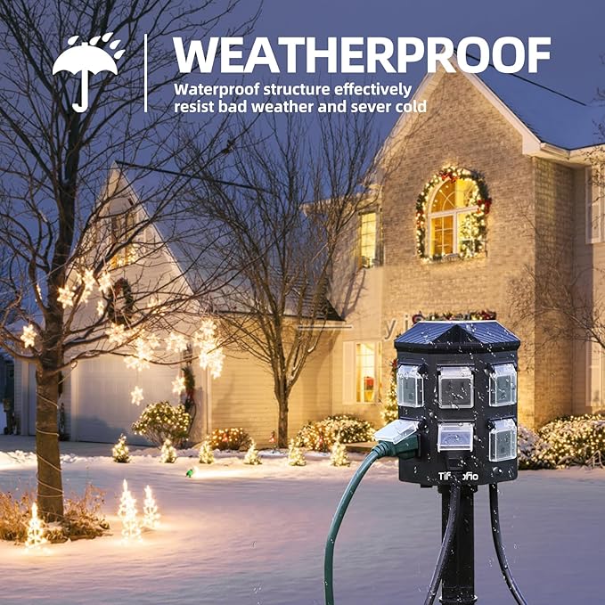 TiFFCOFiO Outdoor Power Strip Weatherproof, 25 FT Extension Cord with Stake, 6 Grounded Outlets for Christmas Yard Decorations and Inflatables, 15A/1875W, ETL Listed