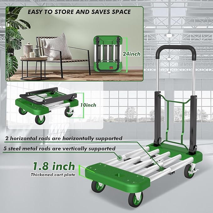 WarmyouHaul Pro Folding Hand Truck, 441LBS Capacity, Adjustable Platform (24-30") & Handle (28-35") 4" Rubber Wheels with 360° Swivel & Parking Brake, for Moving, Commercial, Apartment , Warehouse Use