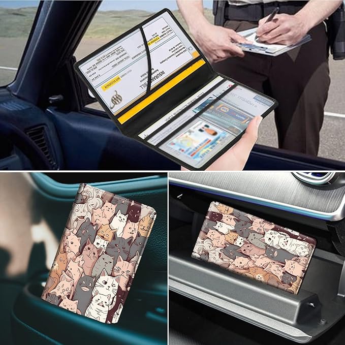 Car Registration and Insurance Holder, Leather Car Glove Box Organizer, Cool Car Accessories for ID, Driver's License Cards & Essential Document,business cards,Men&Women,Cute Cat Pattern