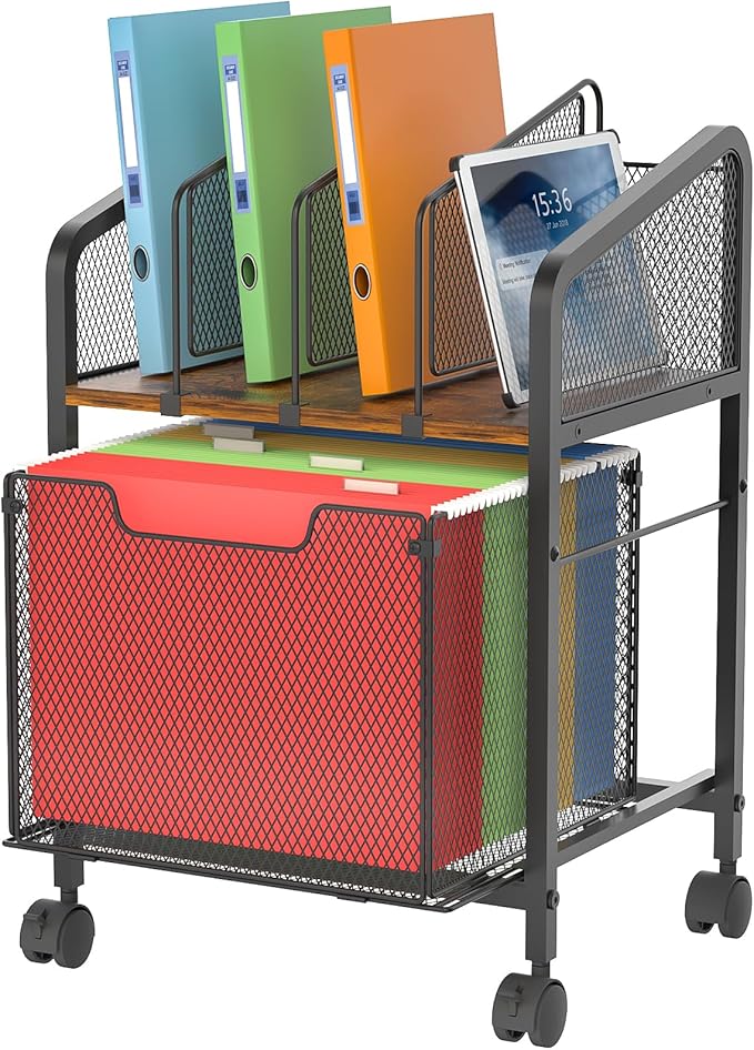 Rolling File Cabinet with Adjustable Dividers, Vertical Filing Cabinet with Storage Drawer on Lockable Wheels, Hanging File Organizer Beside Under Desk for Office, Home（Patent Pending）