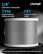 Lichamp 1000FT 1/8" Stainless Steel Wire Rope Cable, Aircraft 316 SS Braided Steel Wire Thin Metal Cable Hardware for Deck Railing Handrail Safety System, SSC1000