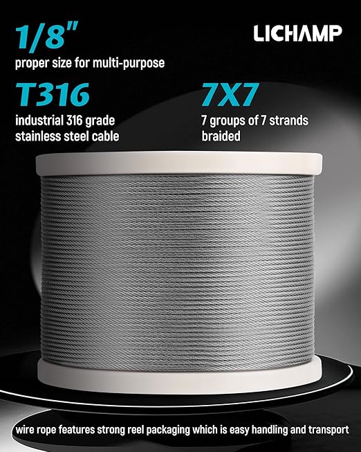 Lichamp 1000FT 1/8" Stainless Steel Wire Rope Cable, Aircraft 316 SS Braided Steel Wire Thin Metal Cable Hardware for Deck Railing Handrail Safety System, SSC1000