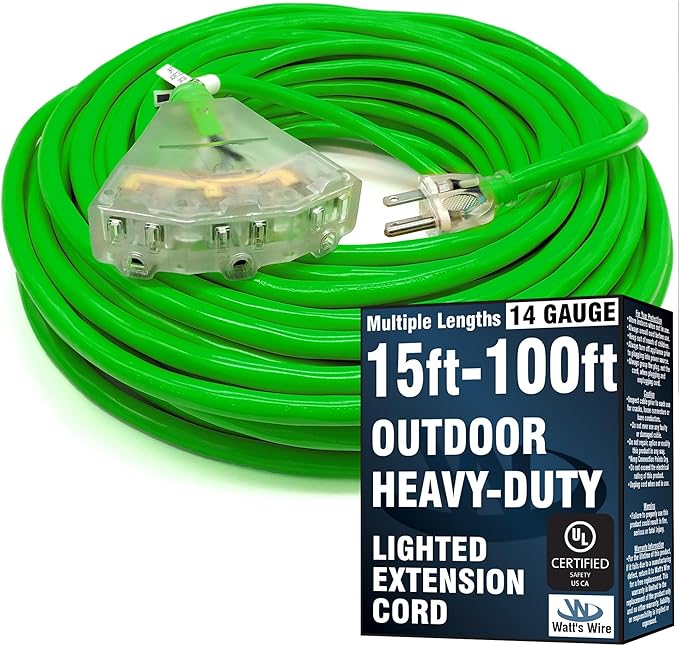 100 ft Outdoor Extension Cord Waterproof - 14 Gauge Heavy Duty Extension Cord 100 ft - Lighted Outdoor Extension Cords with Multiple Outlets - Watts Wire - 100' Grounded - extensiones electricas