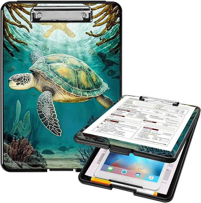 A4 Clipboards,Heavy Duty Waterproof Nursing Plastic Folder Clipboard with Storage Clip Boards,File Folder Storage Box Clipboard Case for Teacher,Doctor,Offices,Turtle