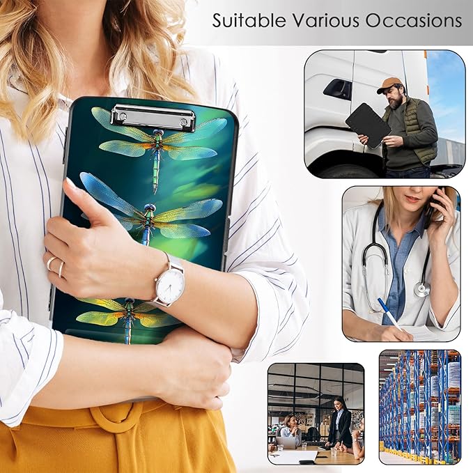 Clipboard with Storage,Office Supplies Nursing Clipboards Folder with Pen Holder Plastic Storage ClipBoard Foldable for Teacher Nurse,Green Dragonflies