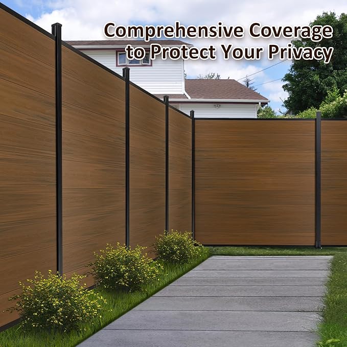6ft x 6ft Outdoor Privacy Fence, Tall Wind Resistant Covering, Wood Plastic Composite Panel with 2 Posts for Yard, Backyard, Garden and Swimming Pool