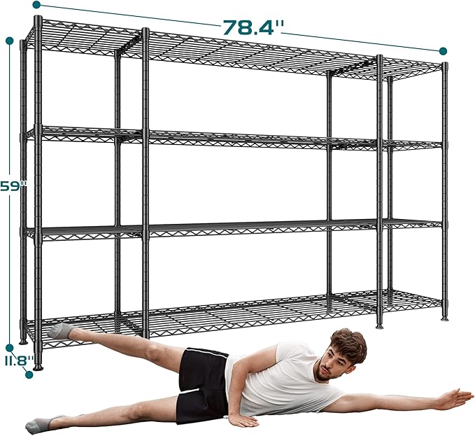 REIBII 78.4''W Wire Shelving Garage Shelving Unit Load 1500LBS,4 Tier Metal Shelving with Adjustable Metal Shelf Storage Shelves for Pantry Shelves Commercial Shelf Kitchen Garage 11.8''Dx59''H