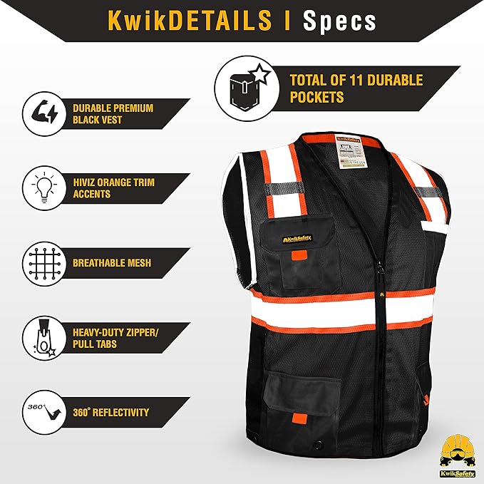 KwikSafety - Charlotte, NC - UNDERBOSS Safety Vest [11 POCKETS] Premium ANSI Class Unrated High Visibility Vest Construction Surveyor Reflective Vest Industrial Work Safety Vest for Men/Black 2XL