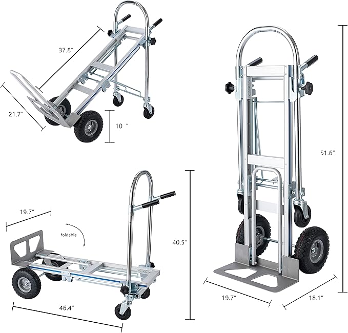 LEADALLWAY 3-in-1 Aluminum Convertible Hand Truck, Heavy Duty Folding Dolly Cart Pneumatic & Solid Wheels for Moving, Warehouse, Delivery, Home Use,770lbs Capacity