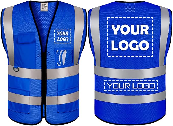 BeautyWill Mesh Safety Vest Custom Logo Class2 High Visibility Reflective Vest with 5 Pockets Construction Security Work Vest ANSI/ISEA Standards（Blue，4XL ）