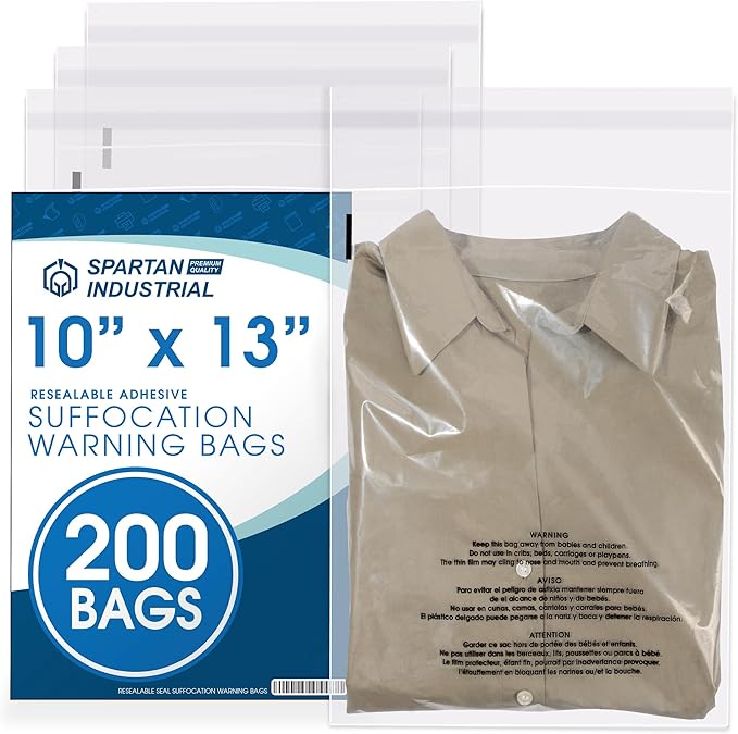 Spartan Industrial - 10” X 13” (200 Count) Self Seal Clear Poly Bags with Suffocation Warning for Packaging, T Shirts - Resealable Glue