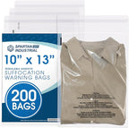 Spartan Industrial - 10” X 13” (200 Count) Self Seal Clear Poly Bags with Suffocation Warning for Packaging, T Shirts - Resealable Glue