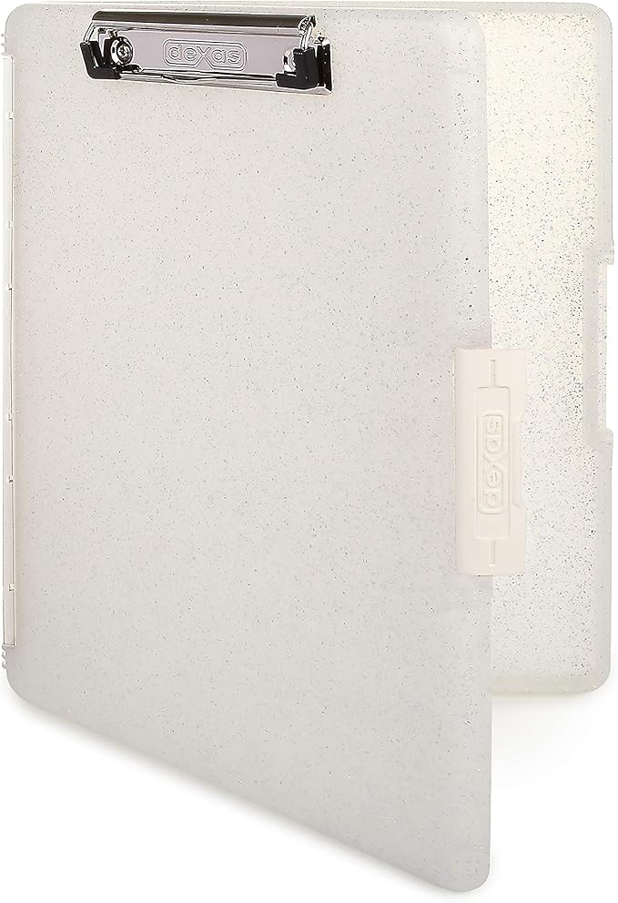 Dexas Slimcase 2 Plastic Clipboard with Storage and Side Opening, Natural Glitter White Binding, Office Supplies Clipboards to Organize, Carry and Store, A4 Holder, Nursing Clipboards