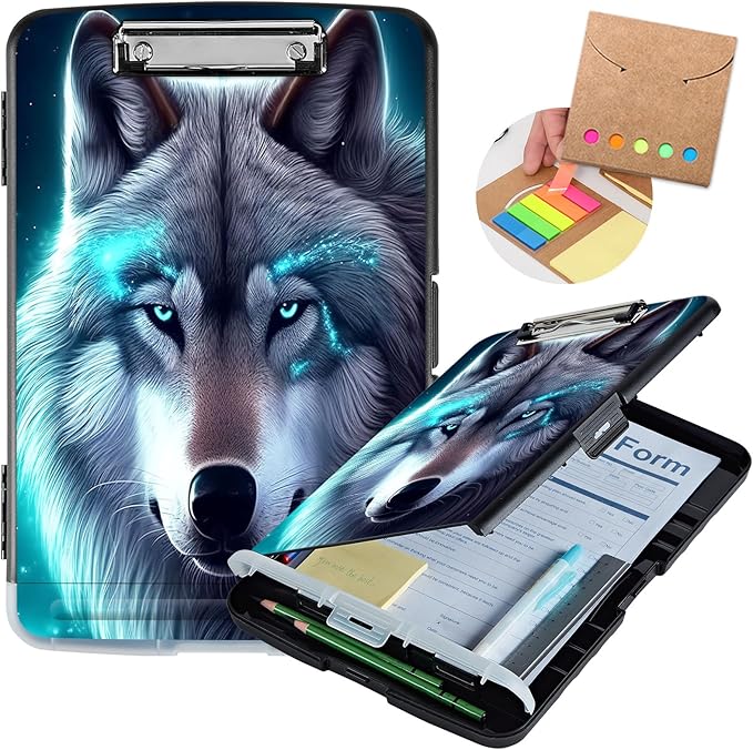 Clipboard with Storage,Heavy Duty Plastic Storage Clipboard with Low Profile Clip,Teacher Must Haves,Office Supplies,Galaxy Wolfs Cyan
