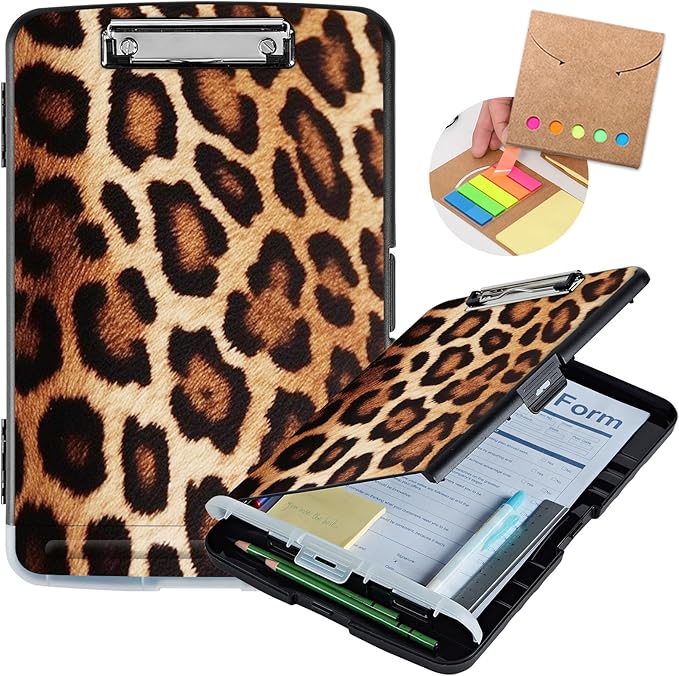Leopard Brown Storage Clipboard with Pen Holder & Low Profile Clip, Folder - Heavy Duty Plastic Clipboard, Teacher & Office Must Haves