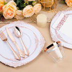350PCS Rose Gold Plastic Plates for 50 Guests, Disposable Dinnerware Set Includes 100 Disposable Plates, 150 Rose Silverware, 50 Cups, 50 Napkins for Party, Wedding