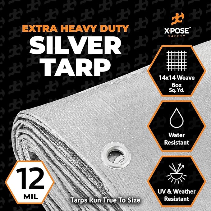 Heavy Duty Silver Poly Tarp 6' X 20' - Bulk Half Pallet (125 Pack) - Multipurpose Protective Cover - Durable, Weather Proof & Tear Resistant - 12 Mil Thick Polyethylene - by Xpose Safety