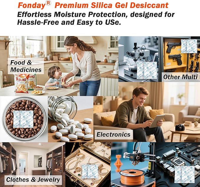 2g x 100 Packs Fonday Food Grade Silica Gel Desiccants Packs Moisture Absorbers Dehumidifier for Food Storage, Electronics, 3D Filament & Safes