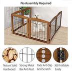 LZRS 6-Panel Extra Wide Wooden Freestanding Dog Gate: Foldable Solid Wood and Steel Wire Chew Resistant Safety Barrier for Doorways, Stairs, and Open Long Spaces Indoor Use, Cherry