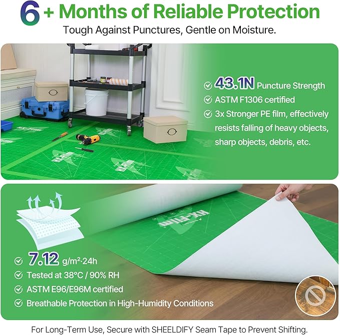 39" x50' Heavy-Duty Floor Protection | Construction Grade Carpet Protector | Drop Cloth Plastic Film for Hardwood Floors | Waterproof Painters Covering with No Residue(Mint Green)