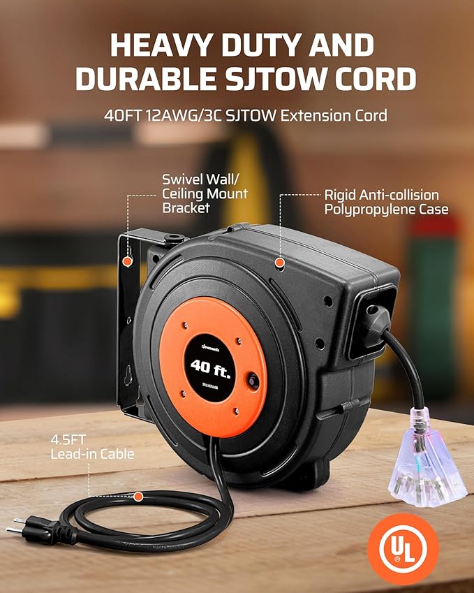 DEWENWILS Retractable Extension Cord Reel, 40 FT Heavy Duty Power Cord, 12AWG/3C SJTOW, 3 Grounded Outlets Lighted Triple Tap, 15 Amp Circuit Breaker, UL Listed