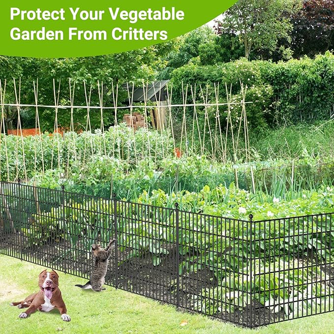 5 Panels No Dig Decorative Outdoor Garden Fence for Yard, 24 in(H) X 10 ft(L) Animal Barrier Fencing Rustproof Metal Wire Panel Border for Dog, Rabbits, and Patio Temporary Ground Stakes