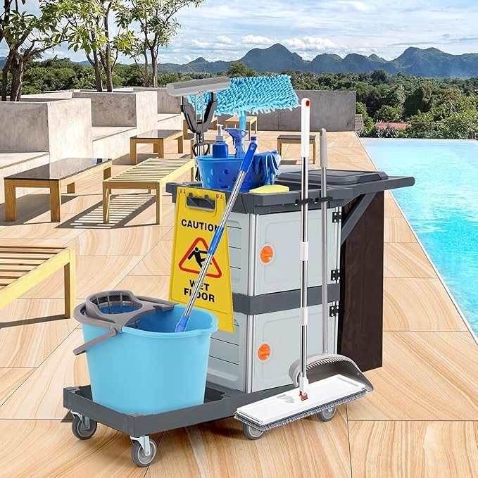 3-Shelf Commercial Janitorial Cart with Wheels - 2 Lockable Cabinets, Oxford Bag & Dust Cover, Sturdy Rolling Housekeeping Cart for School/Hotel/Apartment