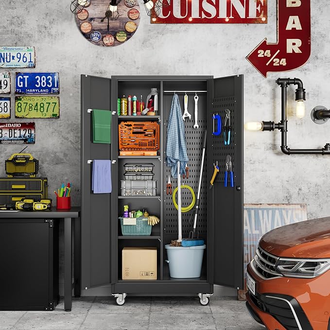 Broom Closet Storage Cabinet with Wheels and Pegboard,Metal Garage Storage Cabinet with Doors and Adjustable Shelves for Garage Home,Required Assembly,Black