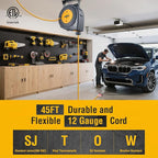 SURAIELEC 12 Gauge Extension Cord Reel, 45 FT Retractable Extension Cord, 12 AWG/3C SJTOW Heavy Duty Power Cord, 15 AMP Circuit Breaker, Lighted Triple Tap, Ceiling or Wall Mount, ETL Listed