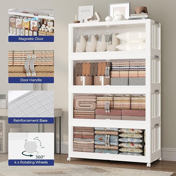 120GAL Plastic Storage Bins with Lid, 480QT Extra Large Stackable Closet Organizers and Storage, Collapsible Storage Boxes with Wheels, Folding Cabinet for Home Kitchen Office, 3Pack White